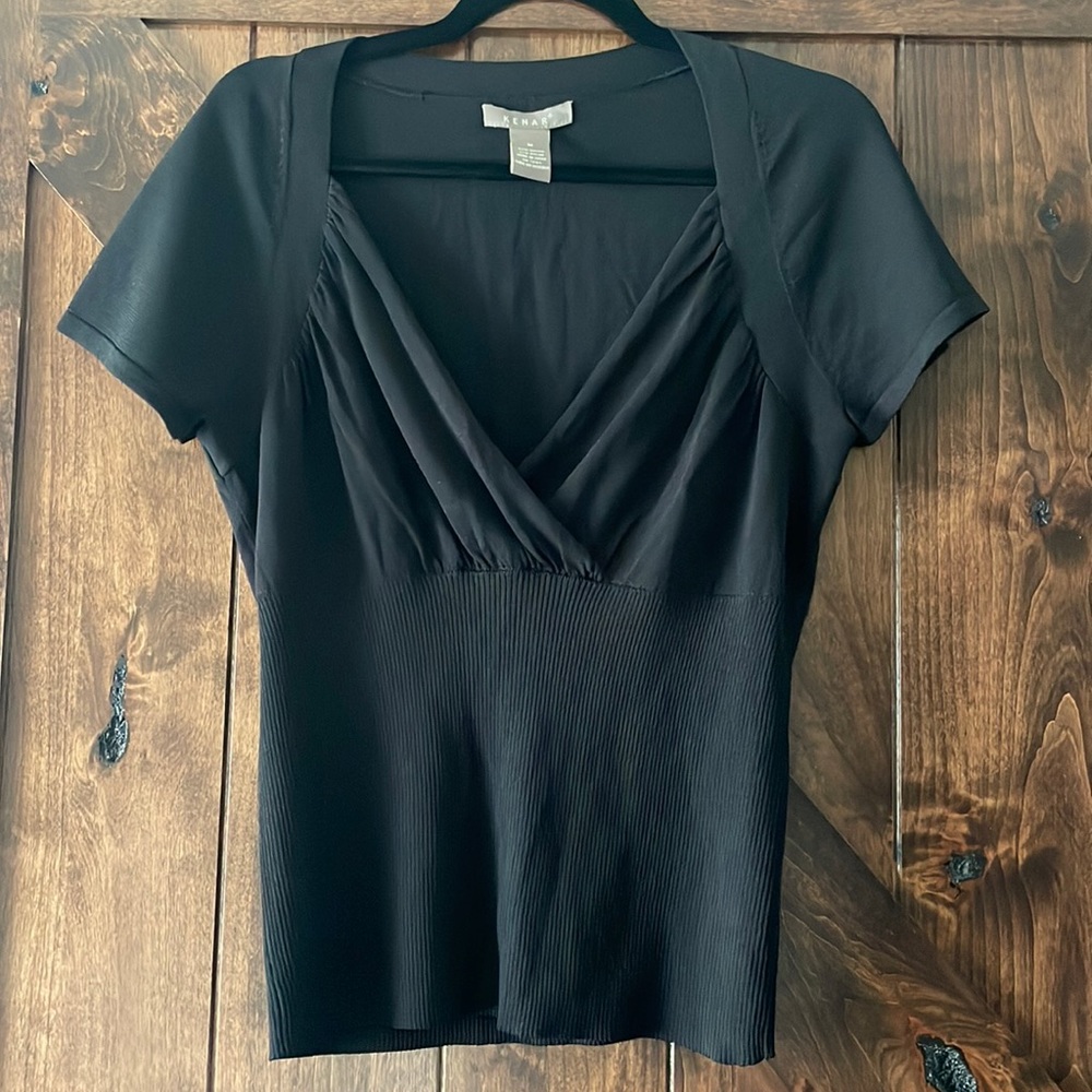 Black Wrap Short Sleeve office work Top sz M wardrobe essential shirt